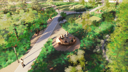 Artist impression of an open green space with sitting spaces.