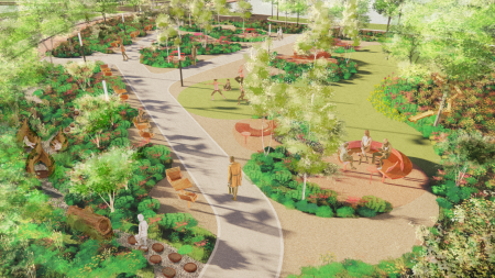 Artist impression of an open green space with sitting spaces.